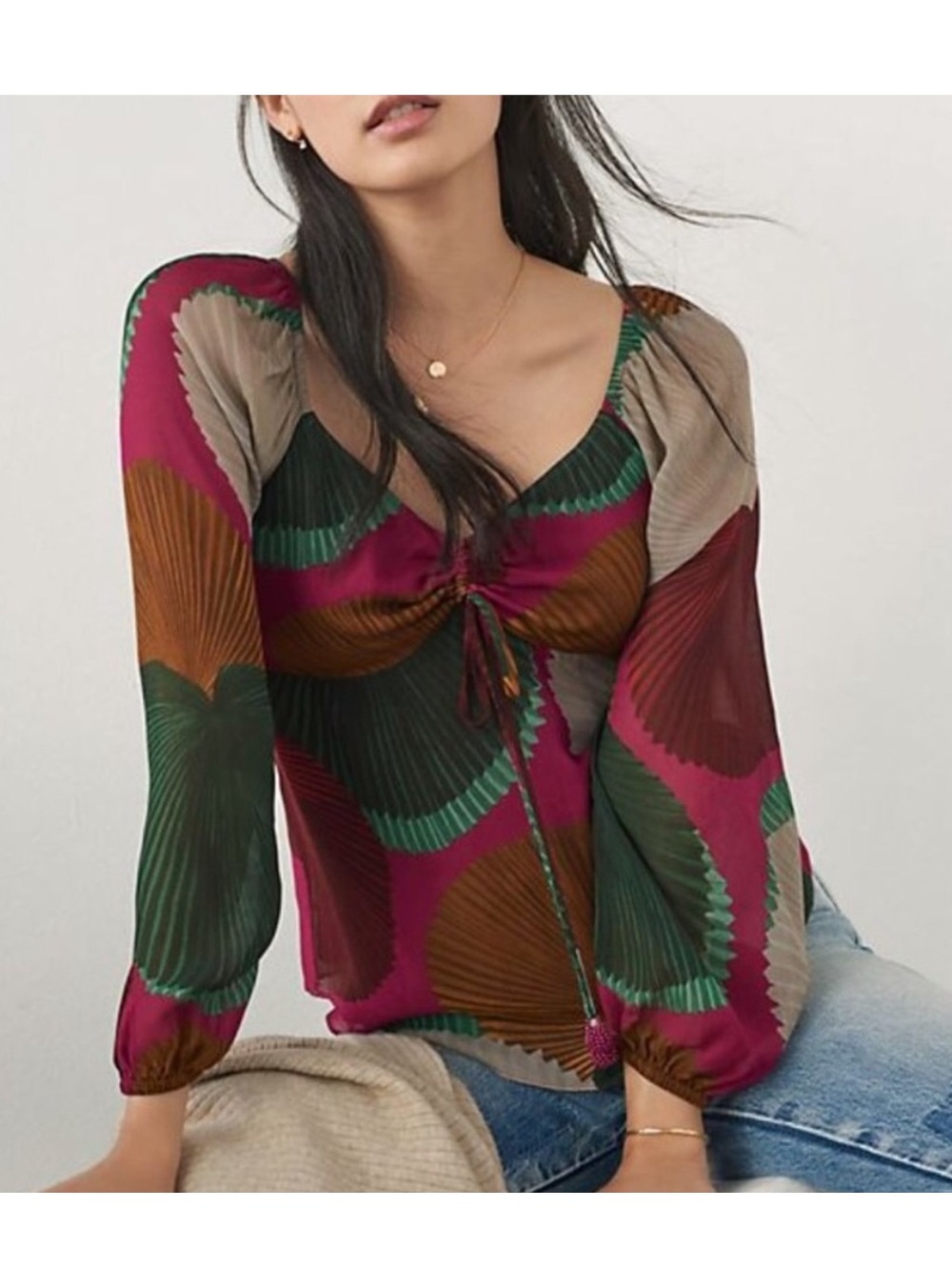 Farm Rio Katalina Print Balloon Sleeve Blouse Beaded Tassels XS
